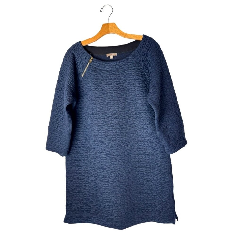 Lilla P Dress Women Medium Navy Blue Quilted Zipper Boat Neck‎ Shift Mini NWT